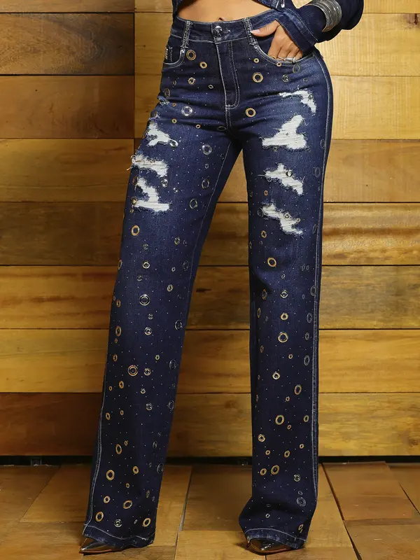 Calça Wide Leg Autêntica com Pedrarias e Detalhes Únicos Pit Bull Jeans Luxo