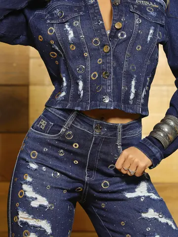 Calça Wide Leg Autêntica com Pedrarias e Detalhes Únicos Pit Bull Jeans Luxo
