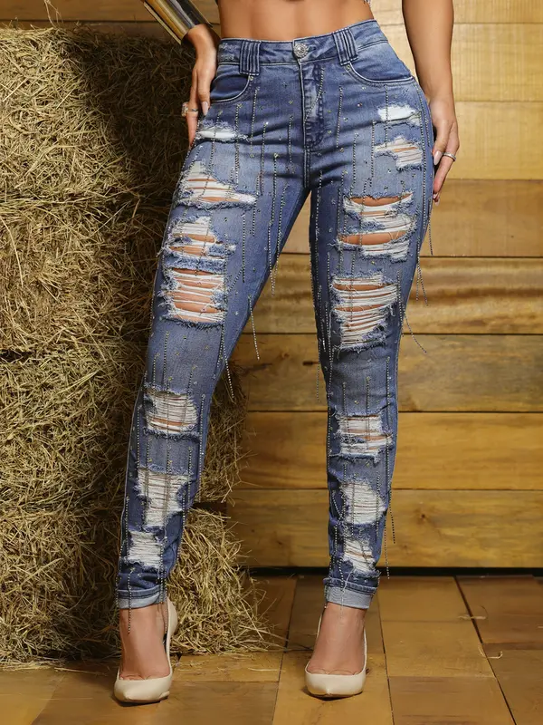 Calça Boyfriend Conceito Autêntica com Detalhes de Strass Pit Bull Jeans Luxo