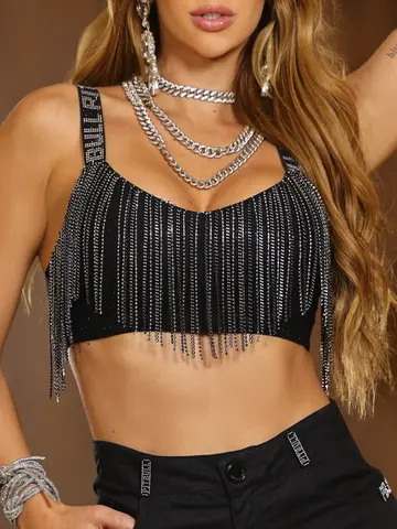 Top Conceito Estiloso com Franjas de Strass e Alças Personalizadas Pit Bull Jeans Luxo
