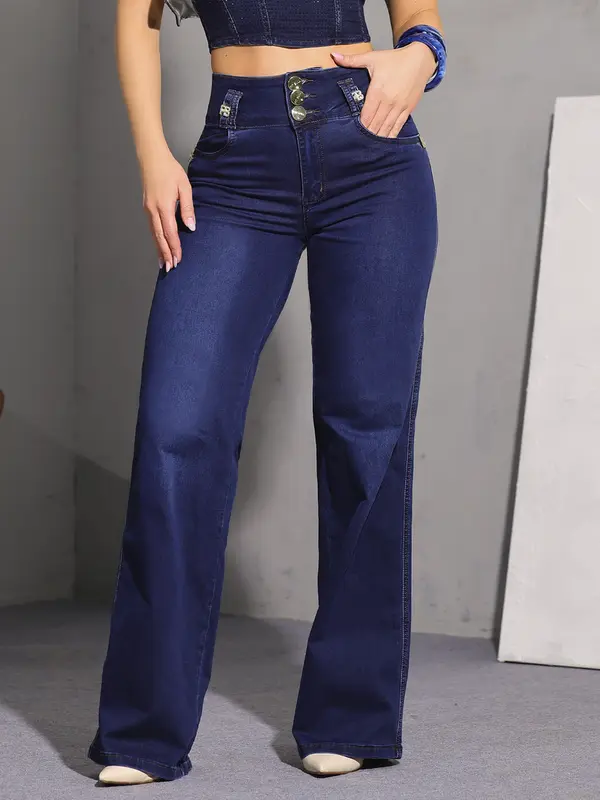 Calça Wide Leg Cós Largo Sofisticada e Casual com Lavado Médio Pit Bull Jeans Premium