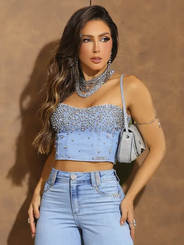 Corset Conceito Fashion e Estiloso com Detalhes de Pedrarias Pit Bull Jeans Luxo