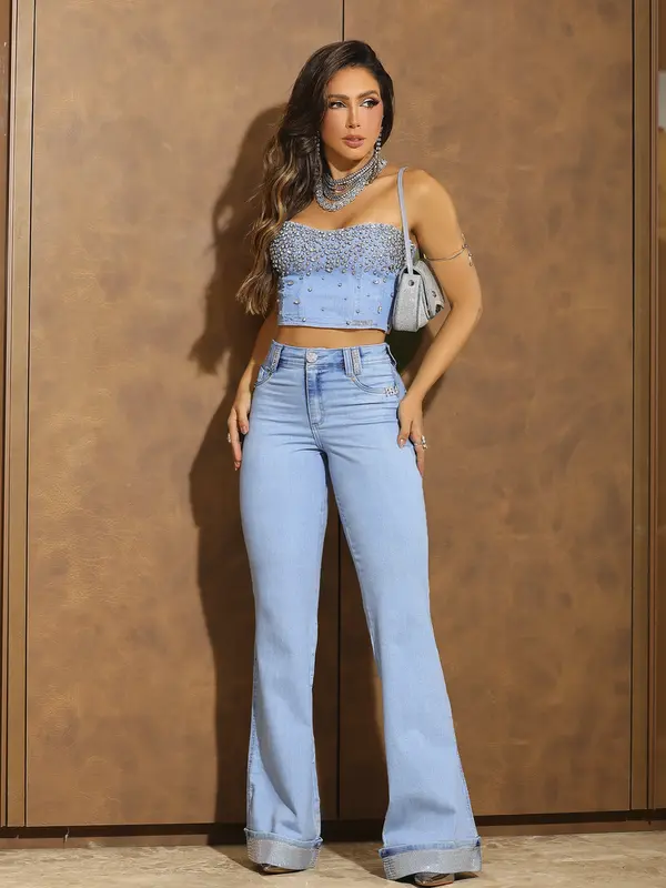 Corset Conceito Fashion e Estiloso com Detalhes de Pedrarias Pit Bull Jeans Luxo