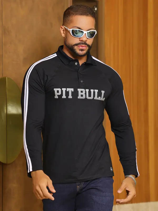 Camiseta Gola Polo Manga Longa Elegante com Estampa em Relevo Pit Bull Jeans Luxo