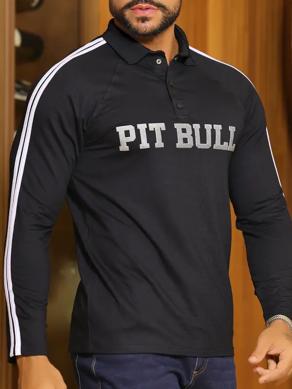 Camiseta Gola Polo Manga Longa Elegante com Estampa em Relevo Pit Bull Jeans Luxo