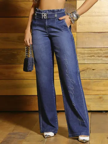 Calça Wide Leg Clochard Sofisticada com Cinto e Escrita Personalizada Pit Bull Jeans Luxo