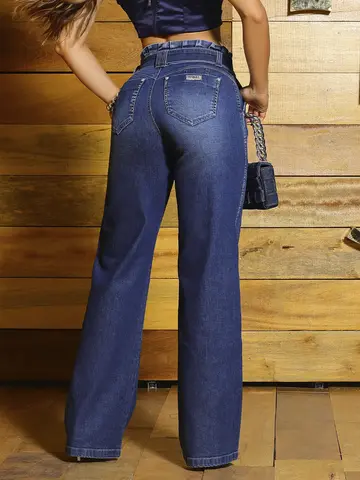 Calça Wide Leg Clochard Sofisticada com Cinto e Escrita Personalizada Pit Bull Jeans Luxo