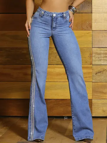 Calça Flare Elegante e Estilosa com Lateral de Strass Pit Bull Jeans Luxo
