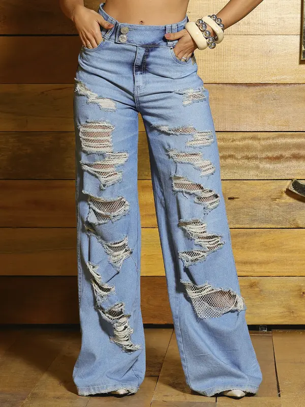 Calça Wide Leg Sofisticada com Strass e Detalhes Destroyeds Pit Bull Jeans Luxo