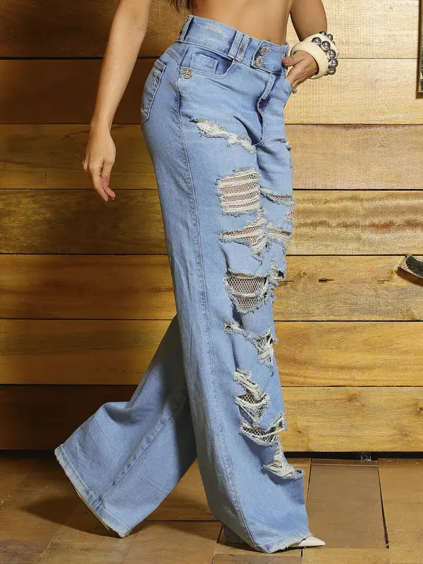 Calça Wide Leg Sofisticada com Strass e Detalhes Destroyeds Pit Bull Jeans Luxo