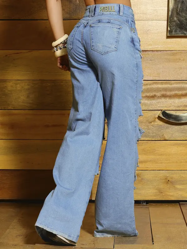 Calça Wide Leg Sofisticada com Strass e Detalhes Destroyeds Pit Bull Jeans Luxo