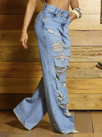 Calça Wide Leg Sofisticada com Strass e Detalhes Destroyeds Pit Bull Jeans Luxo