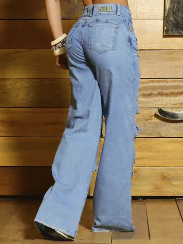Calça Wide Leg Sofisticada com Strass e Detalhes Destroyeds Pit Bull Jeans Luxo