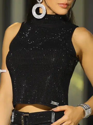 Blusa Gola Alta Elegante e Luxuosa com Pedrarias Pit Bull Jeans Luxo
