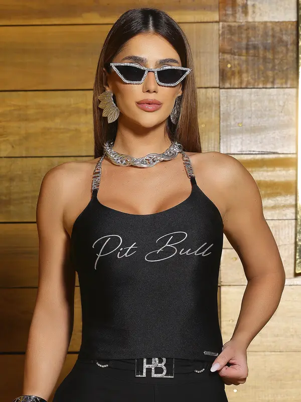 Blusa Sexy Estilosa com Alças de Corrente e Estampa Metalizada Pit Bull Jeans Luxo