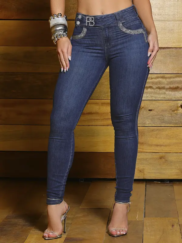 Calça Skinny Realçadora com Cós Personalizado de Strass Pit Bull Jeans Luxo