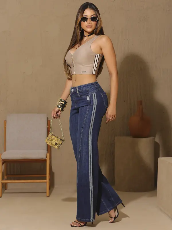 Calça Wide Leg Sofisticada e Casual com Detalhes Laterais Pit Bull Jeans Luxo