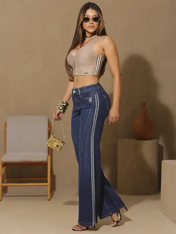 Calça Wide Leg Sofisticada e Casual com Detalhes Laterais Pit Bull Jeans Luxo