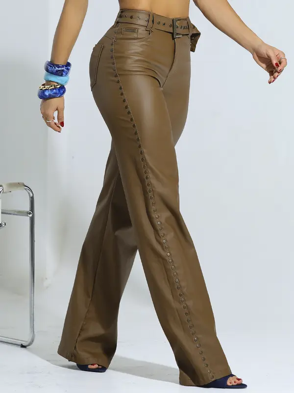 Calça Wide Leg Color Elegante e Modeladora com Cinto Personalizado Pit Bull Jeans Luxo