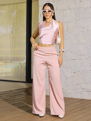 Conjunto Blusa Frente Única e Calça Wide Leg com Design Elegante Empório Pit Bull