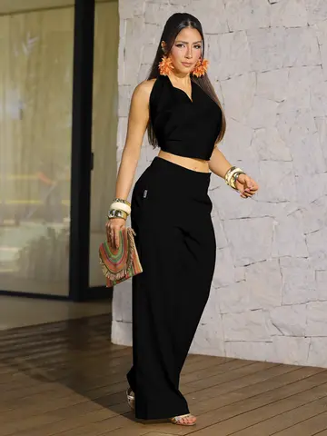 Conjunto Blusa Frente Única e Calça Wide Leg com Design Elegante Empório Pit Bull