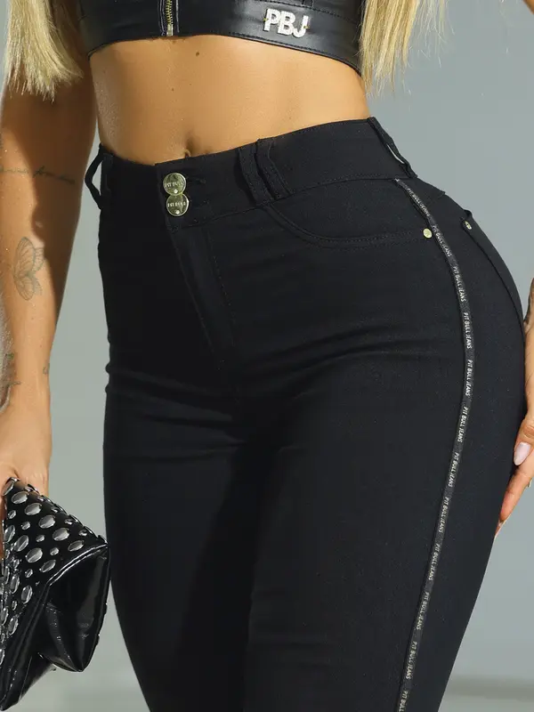Calça Skinny Preta Casual e Modeladora com Detalhes Laterais Pit Bull Jeans Premium
