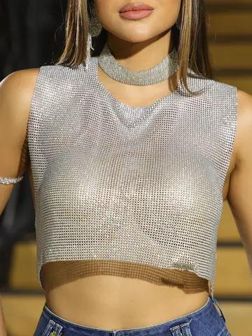 Cropped Conceito Elegante e Sofisticado com Pedrarias Brilhantes Pit Bull Jeans Luxo