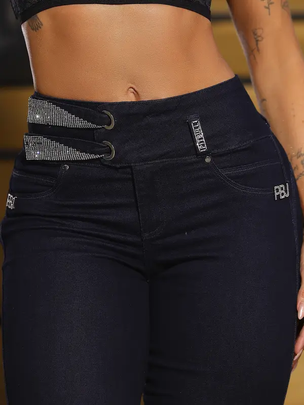 Calça Skinny Cós Largo com Correntes de Strass Pit Bull Jeans Luxo