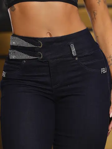Calça Skinny Cós Largo com Correntes de Strass Pit Bull Jeans Luxo