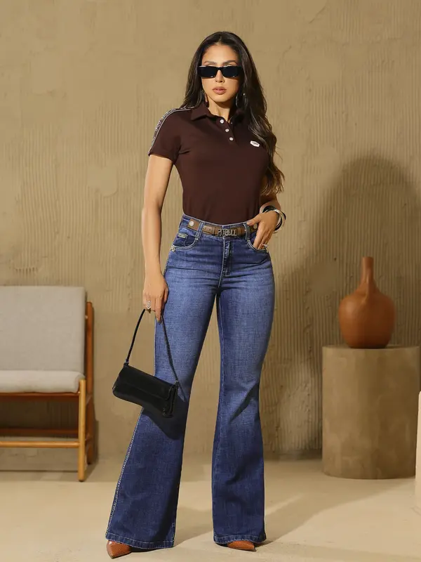 Calça Flare com Enfeite no Cós e Detalhes PBJ Pit Bull Jeans Luxo