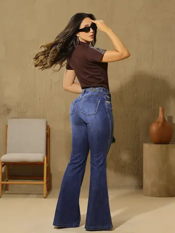 Calça Flare com Enfeite no Cós e Detalhes PBJ Pit Bull Jeans Luxo