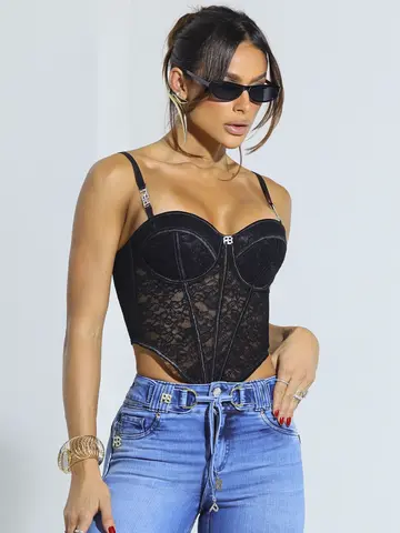 Corset com Bojo Fixo e Enfeites com Cristal Empório Pit Bull
