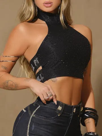 Top Conceito Com Cristais e Gola ALta Pit Bull Jeans Luxo