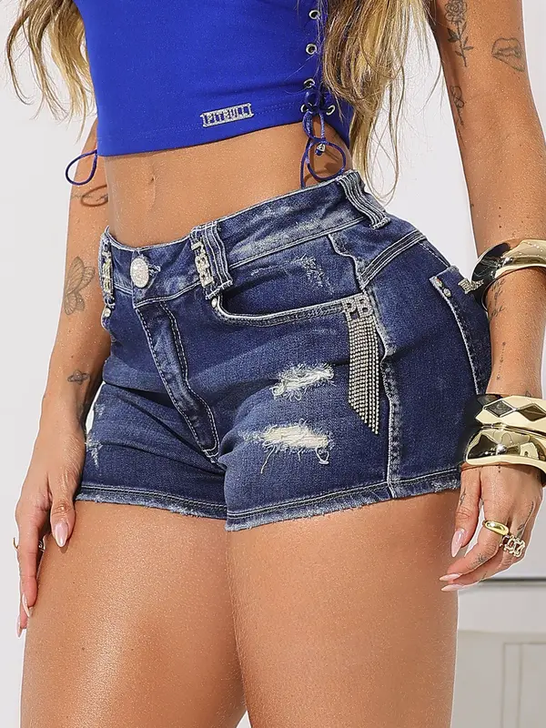 Short Soltinho com Franjas de Pedrarias Pit Bull Jeans Luxo