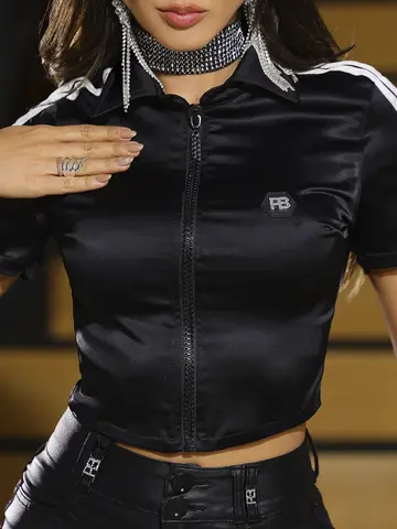 Polo Cropped com Zíper Frontal e Detalhes Contrastantes Pit Bull Jeans Luxo