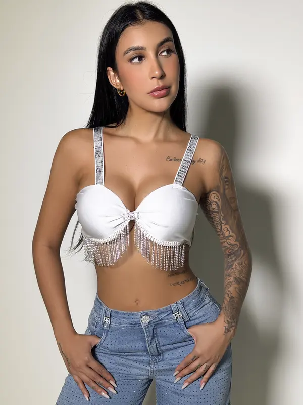 Top Conceito Com Franjas De Pedraria E Bojo Fixo Pit Bull Jeans