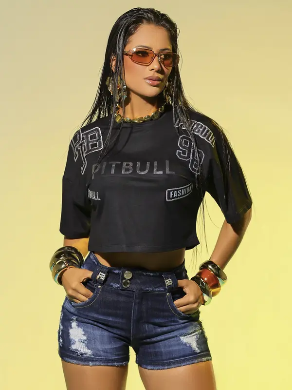 Cropped com Termocolantes e Cristais Pit Bull Jeans Luxo