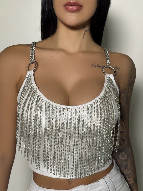 Cropped Conceito Com Franjas E Alças De Corrente Pit Bull Luxo