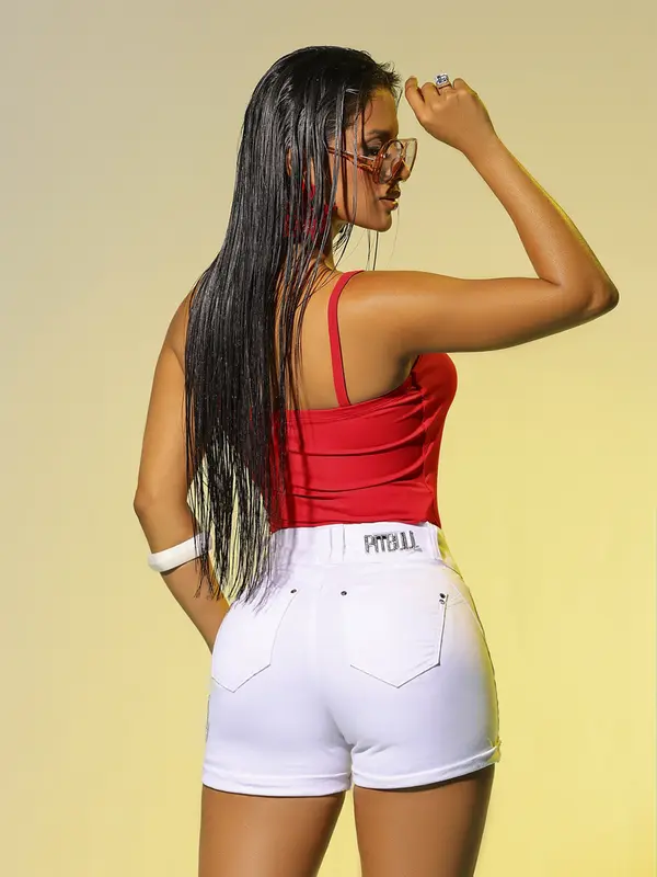 Short Sexy Color com Bordado Pit Bull e Strass Pit Bull Jeans Luxo