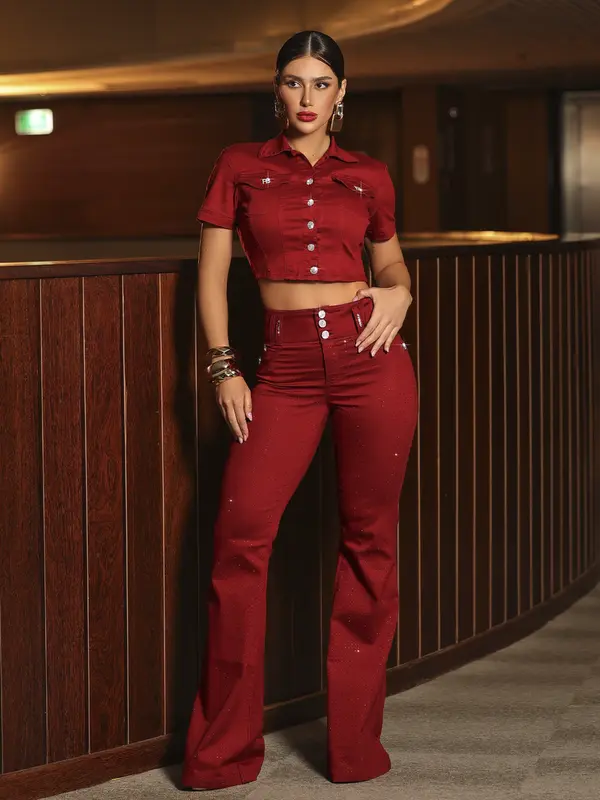 Calça Flare Color Com Cristais E Cintura Alta Pit Bull Jeans Luxo