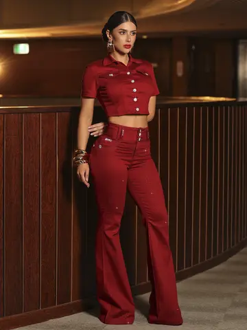 Calça Flare Color Com Cristais E Cintura Alta Pit Bull Jeans Luxo