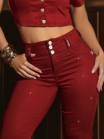 Calça Flare Color Com Cristais E Cintura Alta Pit Bull Jeans Luxo