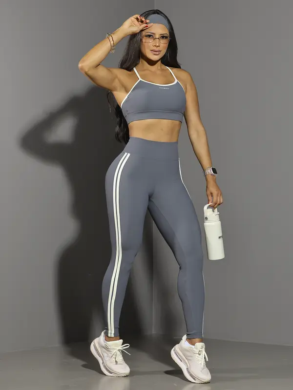 Conjunto Top E Legging Fitness Feminino Com Faixa Pit Bull Jeans