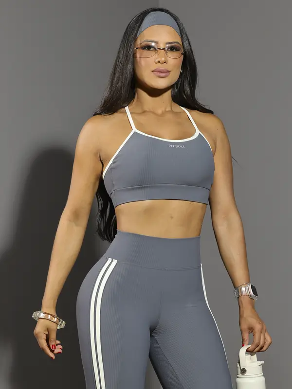 Conjunto Top E Legging Fitness Feminino Com Faixa Pit Bull Jeans