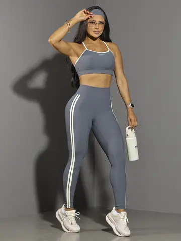 Conjunto Top E Legging Fitness Feminino Com Faixa Pit Bull Jeans
