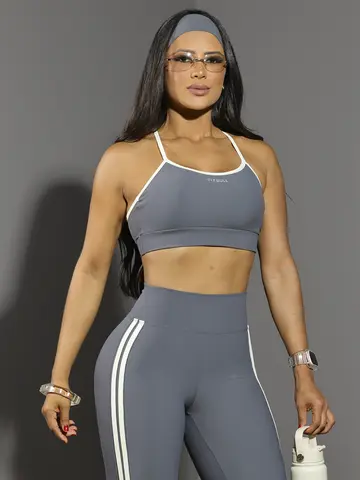 Conjunto Top E Legging Fitness Feminino Com Faixa Pit Bull Jeans