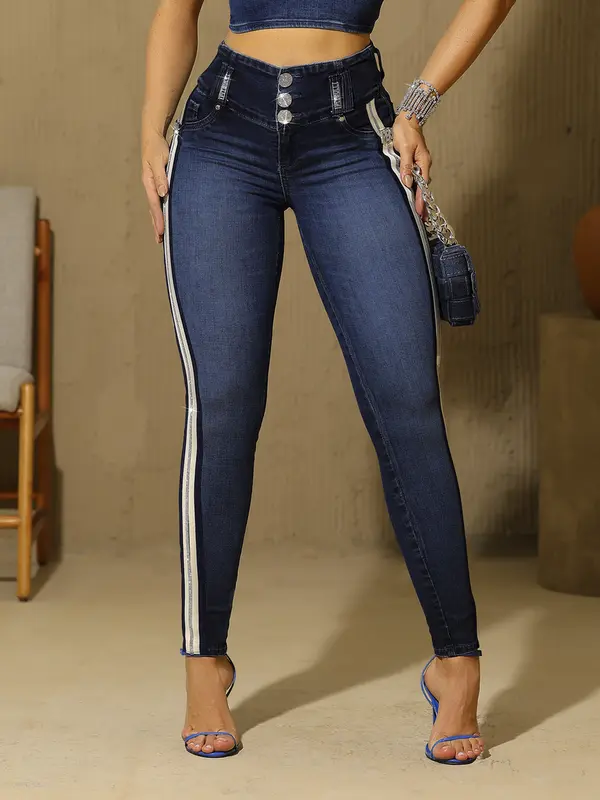 Calça Skinny Cós Largo Com Strass Lateral Pit Bull Jeans Luxo