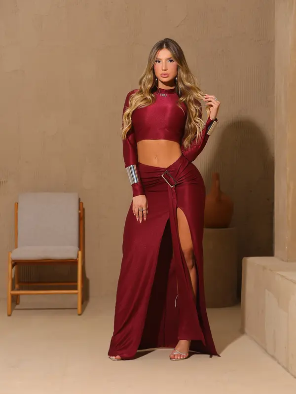 Saia Longa Feminina com Fivela de Cristal e Fenda Frontal Pit Bull Jeans