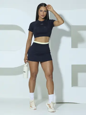 Conjunto Short-Saia e Cropped Fitness Pit Bull Jeans Fitness