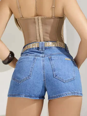 Short Soltinho Feminino Com Cinto Personalizado Pit Bull Jeans